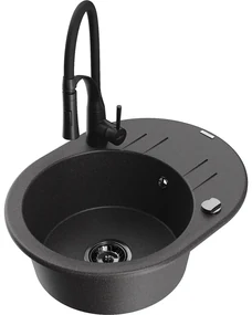 Mexen Kevin, 1-komorový granitový drez 586x458x190 mm a drezová batéria Aster, čierna škvrnitá, 6517-76-73450-70-B