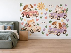 Psíci a koťatká v autíčkach pastelové textilné nálepky na stenu do detskej izbičky hárok 46 x 34 cm
