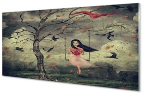 Sklenený obraz Strom vtáky mraky dievča rocková 120x60 cm