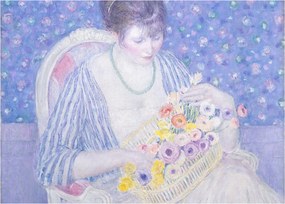 Sklenený obraz - Frederick Carl Frieseke,  The Basket of Flowers, reprodukcia (70x50 cm)