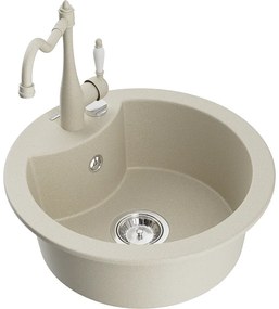 Mexen Diego, granitový drez 488x488x167 mm, 1-komorový a drezová batéria Carla, béžová, 6512-69-670700-69