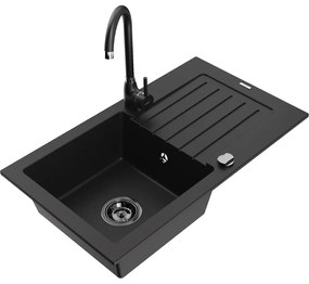 Mexen Pablo, granitový drez 752x436x161 mm, 1-komorový a čierna batéria Telma, čierna, 6510-77-670200-70-B