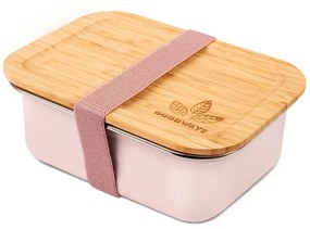 Ružový nerezový desiatový box s bambusovým viečkom - 800ml/ 17*12,5*6,5cm