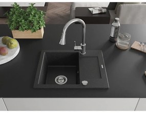 Mexen Enzo, 1-komorový granitový drez 576x465x174 mm a drezová batéria Elia, čierna-strieborná metalíza, 6506-73-670101-00