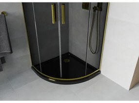 Mexen Rio, štvrťkruhový sprchovací kút s posuvnými dverami 80(dvere) x 80(dvere) x 190 cm, 6mm šedé sklo, zlatý profil + čierna sprchová vanička SLIM, 863-080-080-50-40-4170G