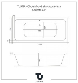 Tuana Carlotta, obdĺžniková akrylátová vaňa 150x70 cm, biela, CER-TU-428410