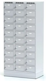 Alfa 3 Šatníková skrinka S6 na sokli s úložnými boxami, 30 boxov, 1920 x 900 x 500 mm, otočný zámok, sivé dvere