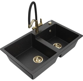 Mexen Tomas, 2-komorový granitový drez 800x500x190 mm a kuchynská batéria Duo, čierna-strieborná metalíza, 6516-73-671701-57-G