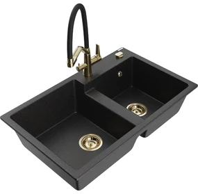 Mexen Tomas, 2-komorový granitový drez 800x500x190 mm a kuchynská batéria Duo, čierna-strieborná metalíza, 6516-73-671701-57-G