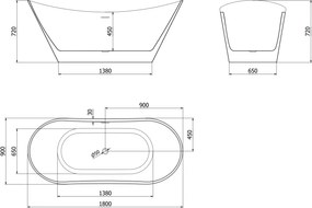 Mexen Montana, voľne stojaca vaňa 180 x 90 cm, biela, brúsený grafit prepad, 52011809000-95