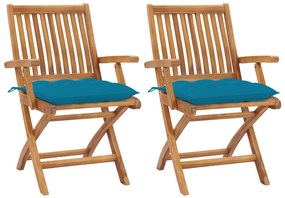 Záhradné stoličky 2 ks, svetlomodré podložky, tíkový masív 3062425