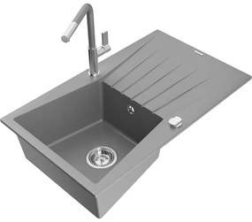 Mexen Cesar, 1-komorový granitový drez 775x470x190 mm a drezová batéria Flora, šedá, 6514-71-670401-06