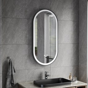 Erga Gwen, oválne LED zrkadlo 40x80cm v čiernom kovovom ráme, 3 farby svetla, predné osvetlenie, vyhrievacia podložka proti zapareniu, ERG-V01-GWEN-4080-BK