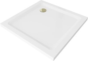 Mexen SLIM - Štvorcová sprchová vanička 100x100x5cm + zlatý sifón, biela, 40101010G