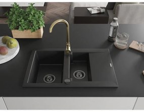 Mexen Gaspar, granitový drez 737x475x177 mm, 1,5-komorový a zlatá batéria Telma, čierna, 6507-77-670200-50-B