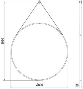Mexen String, okrúhle kúpeľňové zrkadlo na pásiku 80 cm, farba rámu čierna matná, 9854-080-080-000-70