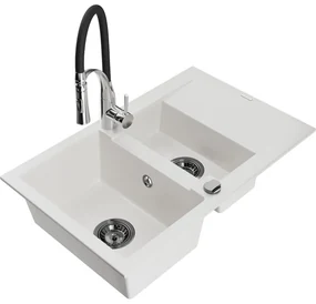 Mexen Gaspar, 1,5-komorový granitový drez 737x475x177 mm a drezová batéria Aster, biela, 6507-20-73450-07-B