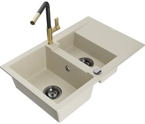 Mexen Gaspar, 1,5-komorový granitový drez 737x475x177 mm a drezová batéria Flora, béžová, 6507-69-670401-57-B