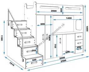 Vyvýšená poschodová posteľ MAX 4 - 200x80cm - Biela - Modrá