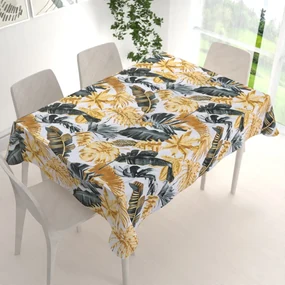 Biante Bavlnený obdĺžnikový obrus Sandra SA-388 Sivozelené a zlaté tropické listy na bielom 100x140 cm