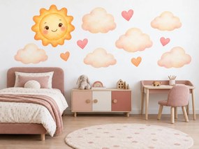 Usmievavé slniečko v obláčikoch marhuľové akvarelové nálepky na stenu pre deti arch 46 x 34 cm