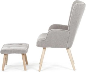 Relaxačné kreslo ušiak ROMEO II + taburet — masívne drevo, látka  bouclé, prírodná / sivá
