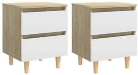 Nočné stolíky s nohami z borovicového dreva 2 ks biele a dub sonoma 40x35x50 cm