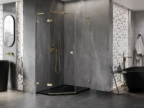 Mexen Lunar, L päťuholníkový sprchový kút naklápací doľava 80 x 100 cm, 8mm číre sklo, zlatý matný profil, 831L-080L-100P-55-00-L