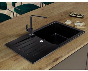 Sink Quality Natalie, kuchynský granitový drez 770x450x170 mm + čierny sifón, čierna, SKQ-NAT.C.1KDO.XB