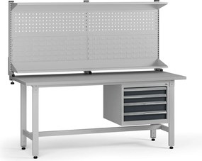 Výškovo nastaviteľný dielenský stôl G5 s nadstavbou, 1800 x 750 x 800-1000 mm, 1x kontajner, 4 zásuvky, grafit