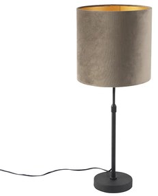 Stolná lampa čierna so sivohnedým zamatovým tienidlom so zlatom 25 cm - Parte