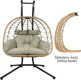 CH LUVO BROWN DVOJITÁ SKLADACIA ZÁVESNÁ STOLIČKA, VANKÚŠ – SVETLOŠEDÁ, RÁM – ČIERNY