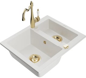 Mexen Carlos, granitový drez 582x475x177 mm, 1,5-komorový a drezová batéria Carla, biela, 6518-20-670700-50