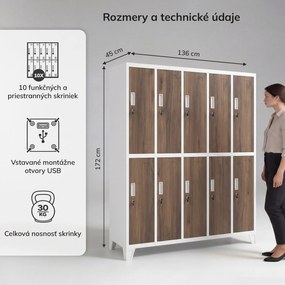 Šatňová skriňa BOZP 10-dverová biela/orech, 1360x1720x450 mm: BARTEK Eco Design