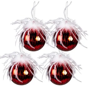4ks červená vianočná ozdoba gule s pierkami - Ø 10 cm