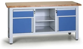 Pracovný stôl do dielne EXPERT, 2 zásuvky, 2 skrinky, 1 polica, 1690 x 600 x 860 - 900 mm, modrá
