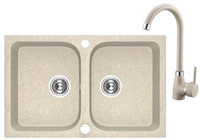 Laveo Celia, 2-komorový granitový drez 760x480x184 mm + drezová batéria s výlevkou v tvare U, béžová, LAV-SJCE420T