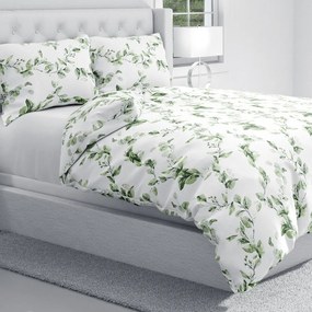 Biante Bavlnené posteľné obliečky Sandra SA-422 Zelené listy na bielom Predĺžené 140x220 a 70x90 cm