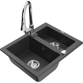 Mexen Carlos, 1,5-komorový granitový drez 582x475x177 mm a drezová batéria Elia, čierna škvrnitá, 6518-76-670101-00