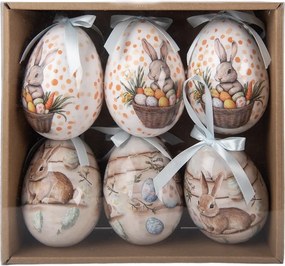 6ks dekorácie biele a béžové závesné vajíčko s zajačikmi Spring Egg - Ø 7*10 cm