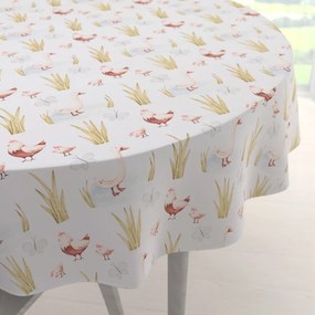 Biante Detský bavlnený okrúhly obrus Sandra SA-752 Sliepočky a húsky na bielom Ø 140 cm