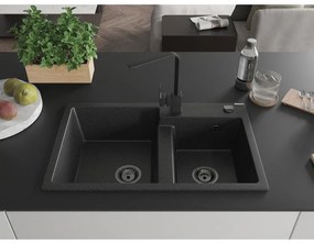 Mexen Tomas, granitový drez 800x500x190 mm, 2-komorový a čierna batéria Rita, čierna-strieborná metalíza, 6516-73-670300-70-B