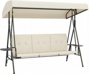 Outsunny 3‑miestna záhradná hojdačka — nastaviteľná strieška, 2 stolíky a vankúše, oceľ/polyester, krémová | Aosom