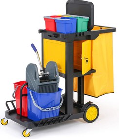 Profesionálny upratovací vozík so 6 vedrami, držiakmi mopov, skrinkou a vrecom s vekom, 1120 × 710 × 1100 mm