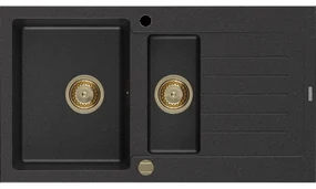 Mexen Matias granitový 1,5-komorový drez s odkvapkávačom 900 x 505 mm, Čierna/Strieborná metalíza, Sifón Zlatá - 6502901505-73-G