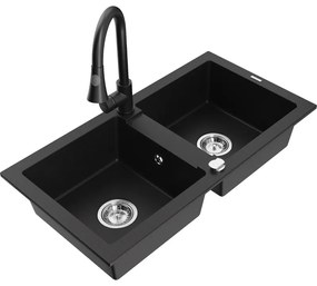 Mexen Mario, 2-komorový granitový drez 820x436x161 mm a drezová batéria Elia, čierna, 6504-77-670101-70