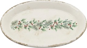 Béžový keramický podnos s cezmínou Holly Christmas Antique - 25 * 18 * 2,5 cm