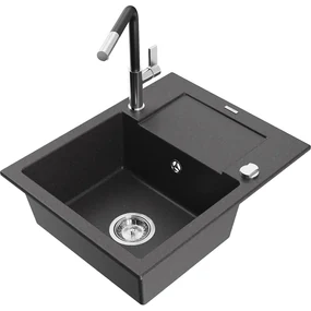 Mexen Enzo, 1-komorový granitový drez 576x465x174 mm a drezová batéria Flora, čierna škvrnitá, 6506-76-670401-07