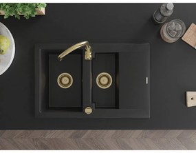 Mexen Gaspar, granitový drez 737x475x177 mm, 1,5-komorový, čierna so zlatým sifónom, 6507731505-77-G