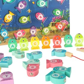 KIK Drevená magnetická hra na lov rýb Montessori 3v1 - abeceda, počítanie a tvary